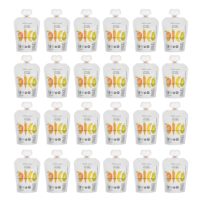 White Leaf Provisions Organic Purees / Baby Food Pouches - Fruits, Veggies & Grains, Toddler snack, Regeneratively Farmed, No Added Sugar, Non-GMO, BPA-Free Pouches 3.17 oz (Pack of 24, Mango + Carrot + Banana + Pear)