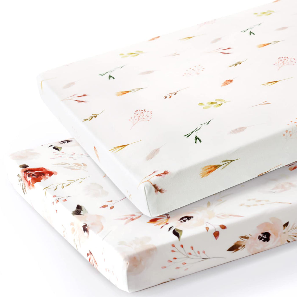 Stretchy Ultra Soft Jersey Knit Pack n Play Sheets Set 2 Pack, Portable/Mini Crib Sheets with Deep Pocket, Universal Fit Playard Pads Safe and Snug, Pretty Rose Flora for Girls, Orange Pink