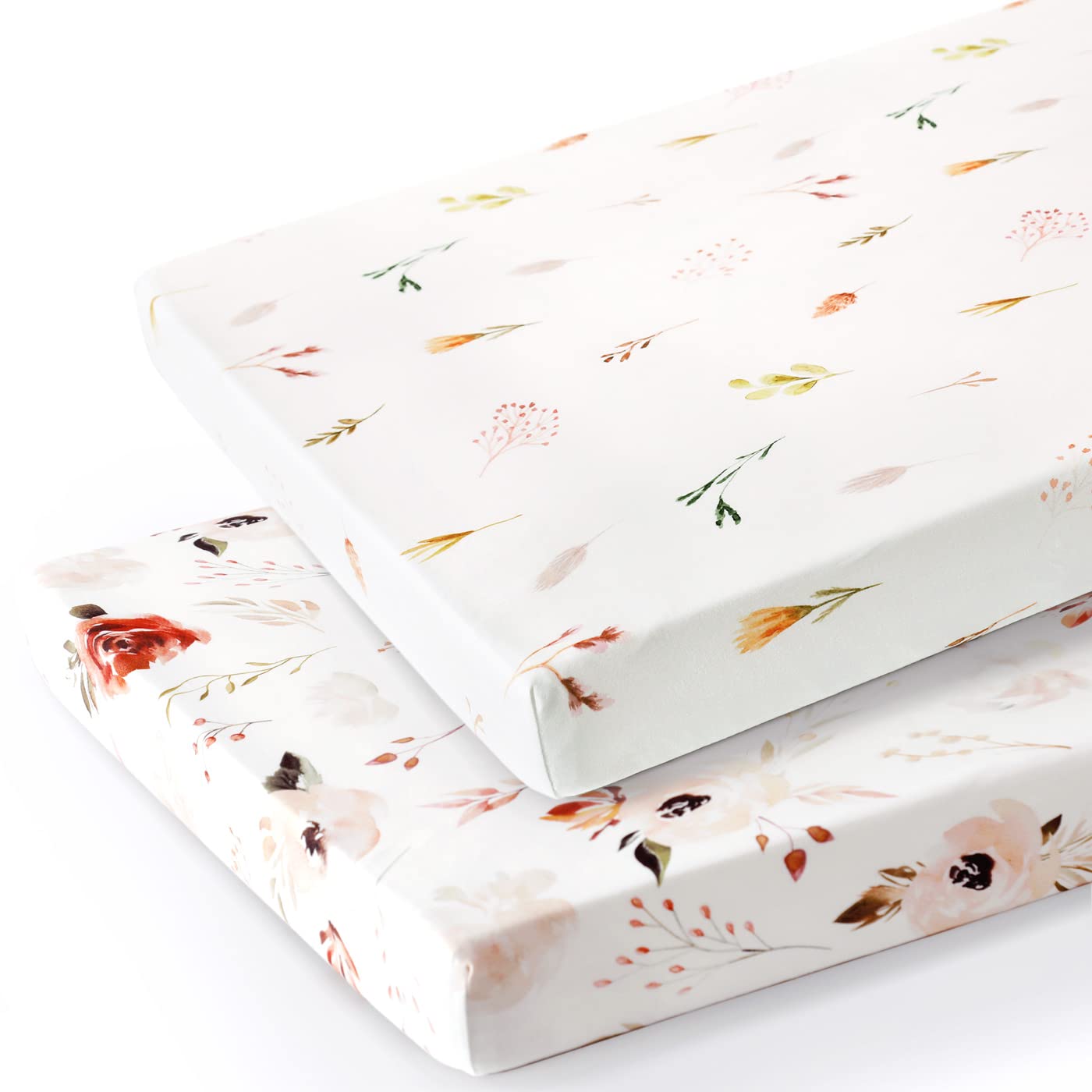 Stretchy Ultra Soft Jersey Knit Pack n Play Sheets Set 2 Pack, Portable/Mini Crib Sheets with Deep Pocket, Universal Fit Playard Pads Safe and Snug, Pretty Rose Flora for Girls, Orange Pink