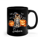Personalized Maine Coon with Pumpkins Cup for Halloween, Maine Coon Wearing Witch Hat Coffee Mug, Cat Halloween Ceramic Cup 11oz 15oz, Pet Cat Black Mug, Gift for Pet Lover Dad Mom Children