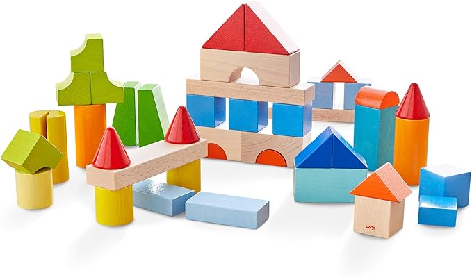 HABA Colored Wooden Building Blocks - 46 Piece Set of Wooden Toys, Stacking Toys for Toddlers 1-3 for Open Ended STEM Play, Made in Germany