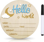 Baby Announcement Sign, 5.9 Inch Wooden Hello World Newborn Signs, Birth Announcement Sign and Pen, Moon and White Cloud Decoration, Welcome Newborn Arrival to World, Hospital Nursery for baby (Blue)