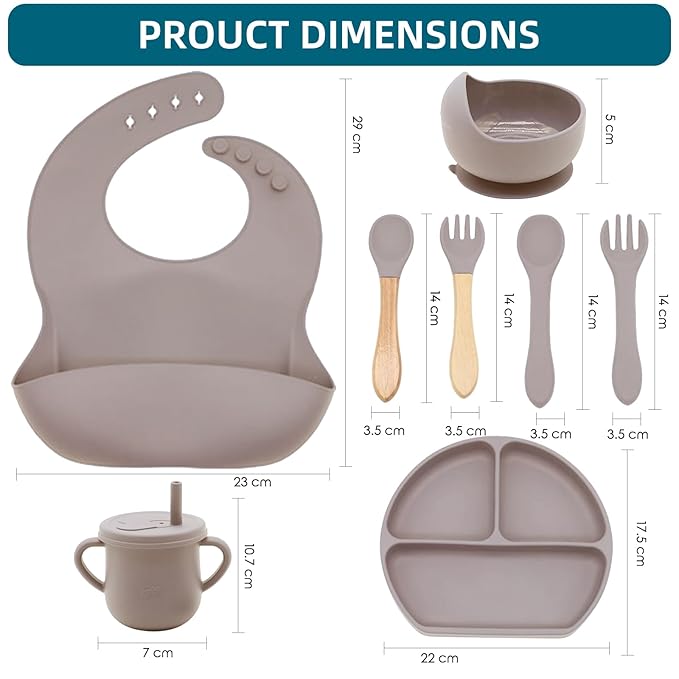 100% Silicone baby feeding set,BPA free Baby dishes set with Suction Bowl Divided Plate,Toddler Self Feeding Dish Set with Spoons Forks Sippy Cup And Bib, Baby Eating Utensils (Beige)