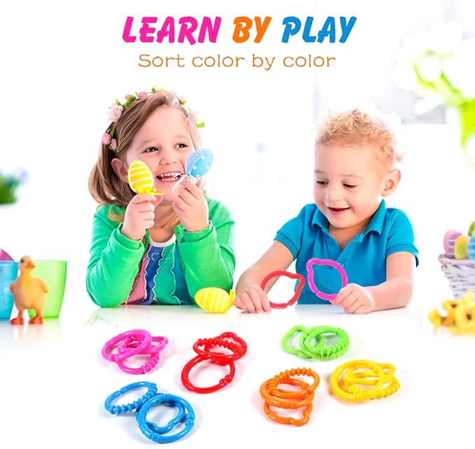 Link-to-Go Connecting Rings Toy Hanging Stroller Car Seat Crib Playmat Attach Toys Infant Newborn Boy Girl Clip On Early Education Learning Travel Accessory Set