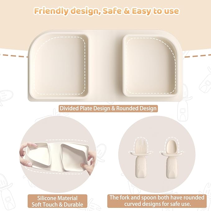 Traval Silicone Foldable Feeding Set, On-the-Go Baby Feeding Supplies Including Toddler Plates, Silicone Baby Spoon&Fork, Adjustable Foldable Bib, Portable Infant Toddler Utensils, Beige