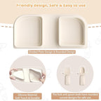 Traval Silicone Foldable Feeding Set, On-the-Go Baby Feeding Supplies Including Toddler Plates, Silicone Baby Spoon&Fork, Adjustable Foldable Bib, Portable Infant Toddler Utensils, Beige