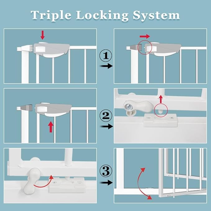 WAOWAO Triple Lock 77.17-84.65" Baby Gate Extra Wide Pressure Mounted Walk Through Swing Auto Close Safety White Metal Dog Pet Puppy for Stairs,Doorways,Kitchen