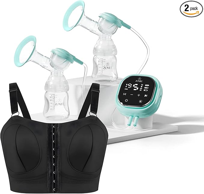 Zomee Z2 Double Electric Breast Pump - Shabbat Mode Edition - Portable, Hands Free Pumping Hospital Grade Wearable Breast Pump Including; Black Bamboo Pumping Bra (XL)