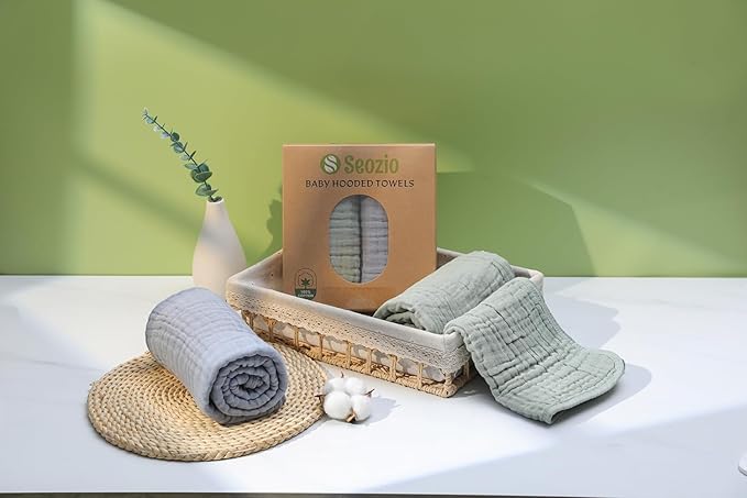 Hooded Baby Bath Towels for Newborn, 2 Pack 100% Cotton 32x32Inch Baby Bath Towel with Hood for Babies, Infant, Toddler and Kids, Soft and Absorbent Newborn Essential (Green and Grey)