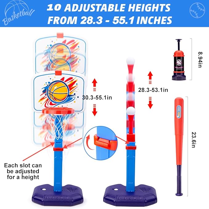 Meland Toddler Basketball Hoop, 4-in-1 Kids Basketball Hoop with Tball Set for Toddler & Baseball Pop Up Machine, Basketball Goal for Kid Sport Toys Indoor Outdoor Play Birthday Gift for Kids Toddlers