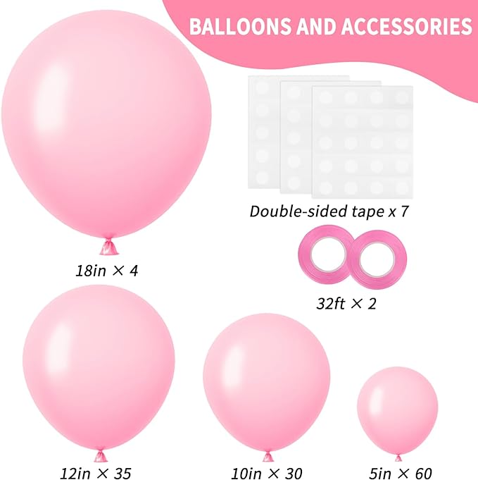 RUBFAC Pink Balloons 129pcs Light Pastel Pink Balloon Different Sizes 18 12 10 5 Inch for Garland Arch Birthday Party Baby Shower Gender Reveal Wedding Anniversary Easter Decoration