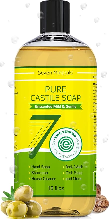 Pure Castile Soap - No Palm Oil, GMO-Free - Gentle Liquid Soap For Sensitive Skin & Baby Wash - All Natural Vegan Formula with Organic Carrier Oils (16 Fl Oz, An Unscented)