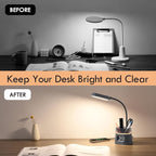 WILIT LED Desk Lamp for College Dorm Room Essentials, Students Study Lamp with Charging Station, Pen Holder, Clock & RGB Night Light, Office Desk Accessories, Table Lamp for Bedroom - Gray