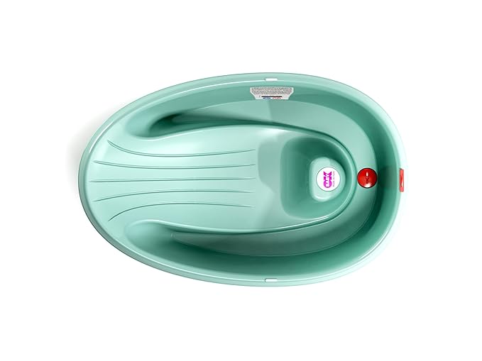 BEABA by OKBaby, Onda Baby Bath, Ergonomic Multi-Position tub for Infants and Babies up to 12 Months, Integrated Water Thermometer, Made in Italy, Turquoise