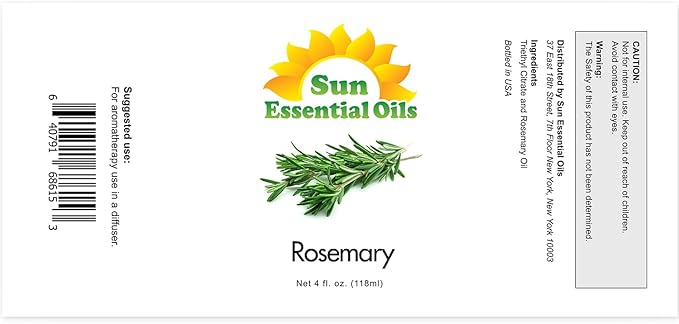 Sun Essential Oils - 4 oz Rosemary Essential Oil for Hair Growth, Skin, Scalp - Drops for Diffuser, Humidifier & Aromatherapy Massage - DIY Candle, Lotion & Shampoo Making - Help Sleep