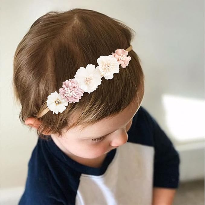 Baby Girl Nylon Headbands Flower Hair Bows Accessories-Elastic Hair Band Crown Handmade FLoral Wraps Birthday Gifts for Girls Newborn Infant Toddler 3Pcs