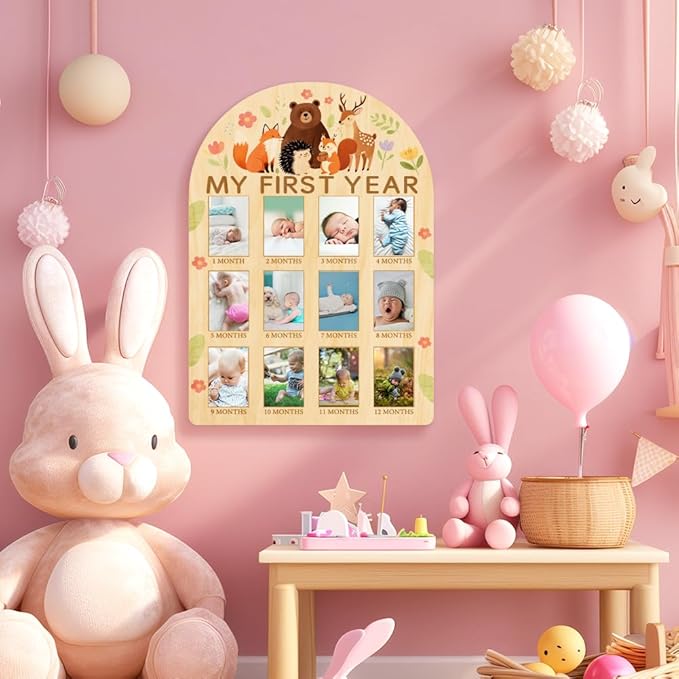 ORIGACH My First Year Baby Growth Photo Display Wood Board - 12 Months Newborn Milestones Photo Board - Neutral Baby Keepsake Frame 1st Birthday Party Nursery Decor New Mom Gift - Forest Animals