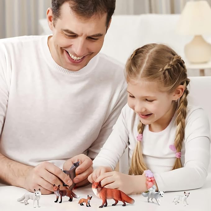 SIENON 8Pcs Fox Toy Figures Set, Miniature Arctic and Red Foxes Family Forest Woodland Animals Figurines Toys for Kids Educational Winter Diorama Chirstmas Birthday Party Gift Cake Decorations