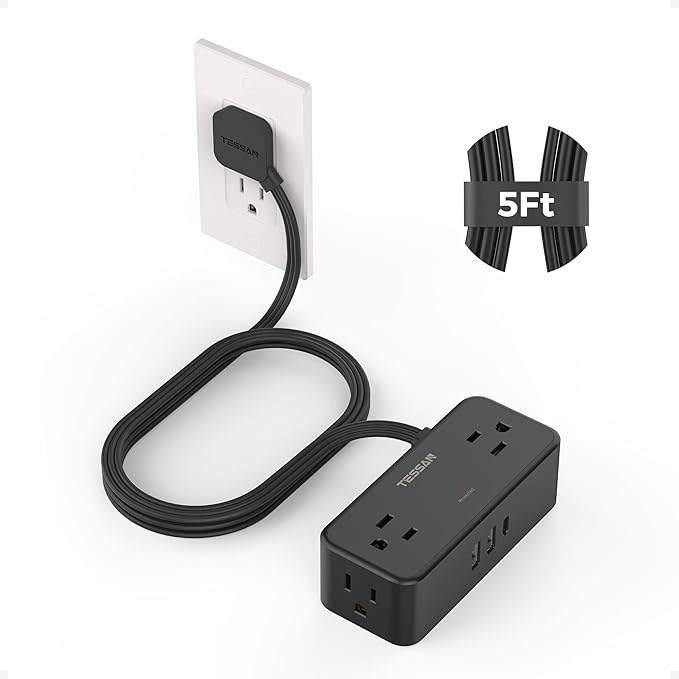 Black Extension Cord 5 Ft, TESSAN Flat Surge Protector Power Strip with 4 Wide Spaced AC Outlets 3 USB Ports (1 USB C), Ultra Thin Flat Plug with 900J Surge Protection, Office Dorm Room Essentials