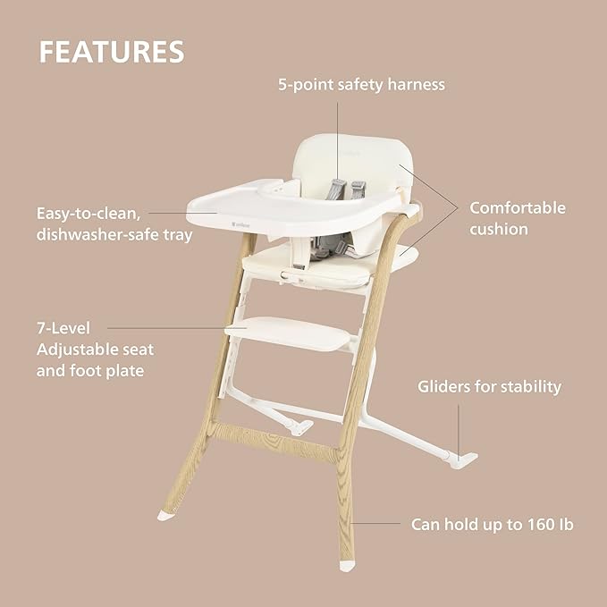 Unilove Grow with Me 2-in-1 Baby High Chair – Adjustable Toddler Chair with Baby Set, Removable Harness, One-Hand Seat & Footrest Adjustment, for Ages 6-60 Months - Vanilla White