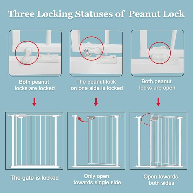 WAOWAO Triple Lock Baby Gate Extra Wide 62.59-67.32" Pressure Mounted Walk Through Swing Auto Close Safety White Metal Dog Pet Puppy Cat for Stairs,Doorways,Kitchen