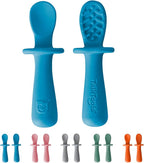 TalkTools ITSY Tiny Silicone Spoons – Twin Pack Soft Silicone Self-Feeding Training Spoons for Kids & Toddlers, Anti-Choking Flange Guard and Non-Slip Handle (Ocean)