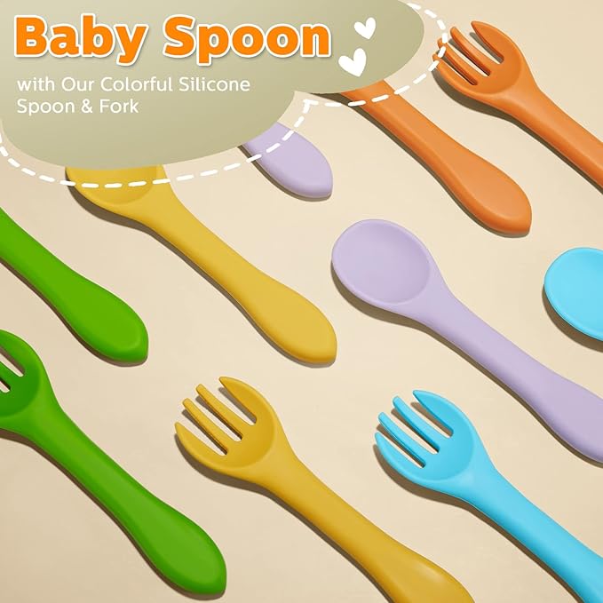 10 Pieces Baby Led Weaning Spoons and Forks Set Infant Silicone Spoon First Self Feed Baby training Utensils for Toddler First Stage Feeding Supplies for Kids Over 6 Months, 5 Pairs(Fresh Colors)