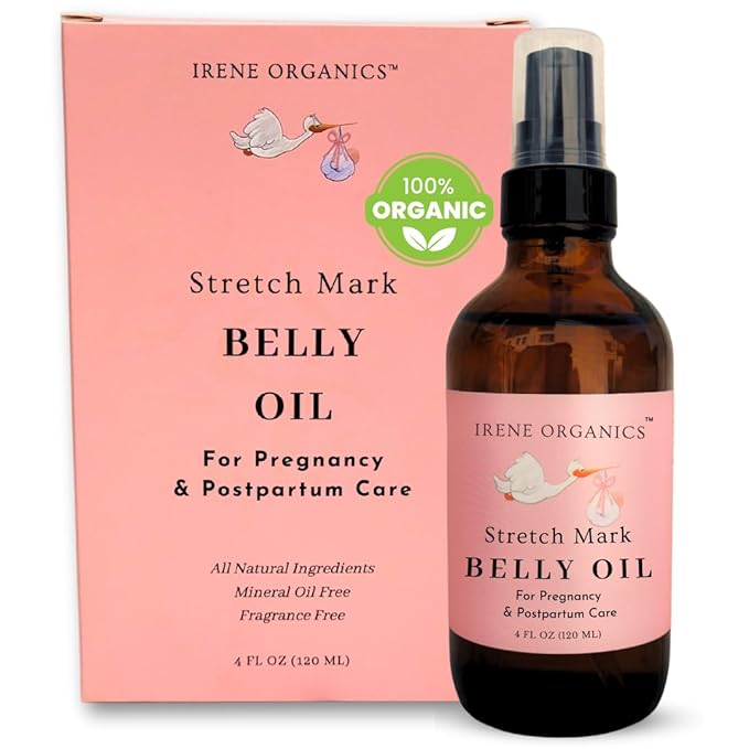 Irene Organics Organic Belly Oil for Pregnancy Stretch Mark Prevention and Treatment Award Winning Anti Stretch Mark Tummy Oil For Pregnancy and Postpartum - Hydrating Bump Serum
