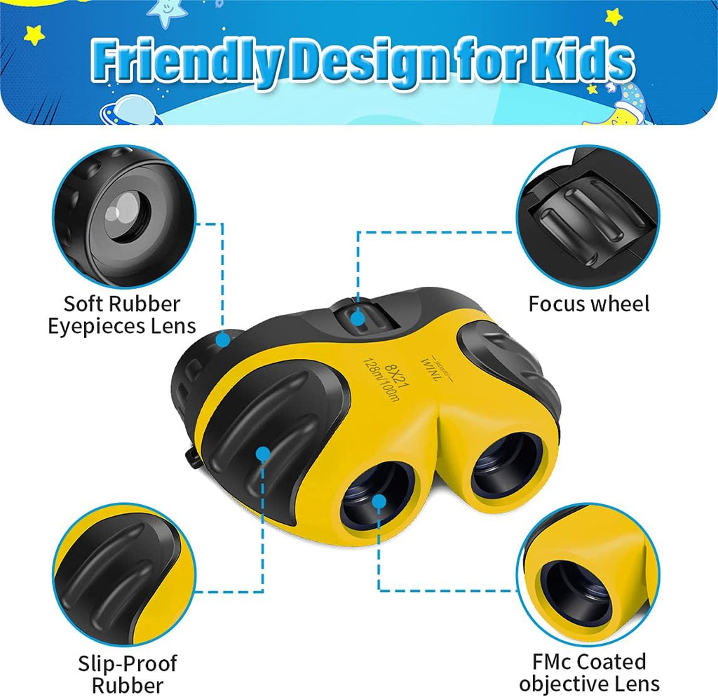 Toys for 4-5 Year Old Boys, VNVDFLM 8 X 21 Kids Binoculars for Children, Compact Telescope Boys Birthday Easter Gifts for 5-8 Years Old to Bird Watching &Scenery(Yellow)