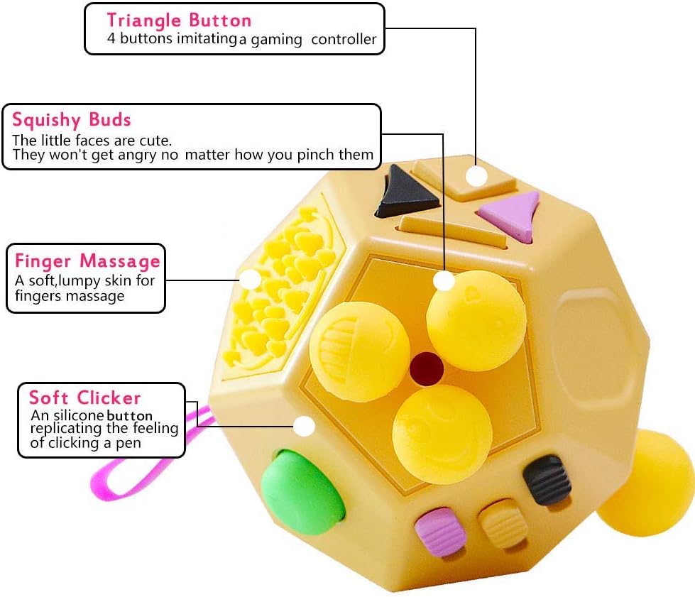12 Sided Cube Toys,Fidget Toys Relief Stress and Anxiety Depression Anti for Kids and Adults with ADD, ADHD, OCD, Autism (Yellow, Normal)