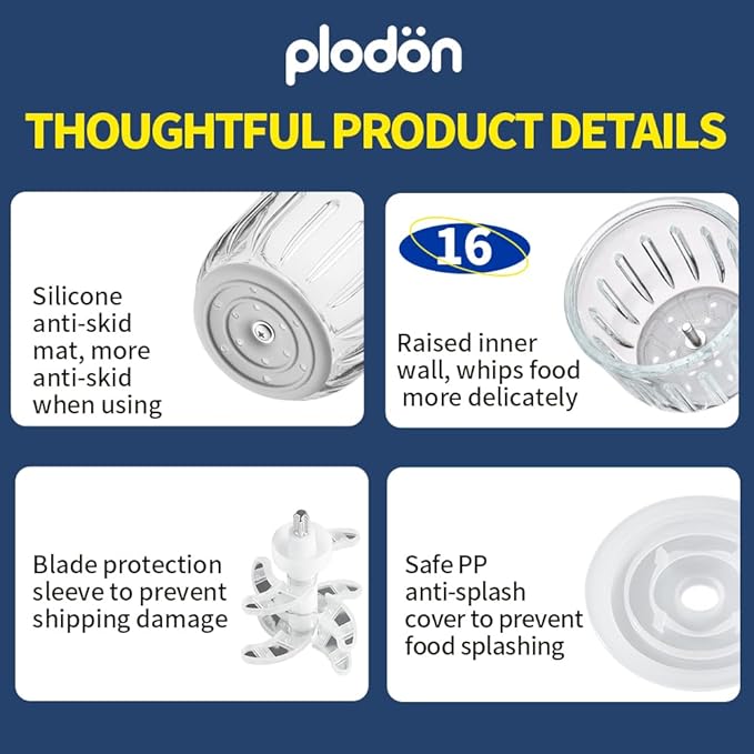 Baby Food Maker Mini Cute and Small Food Processor Puree Blender Grinder Chopper with 2 Glass Bowls(0.6L+0.3L) 8 Blades Electric (Without Battery) -2 Bowls