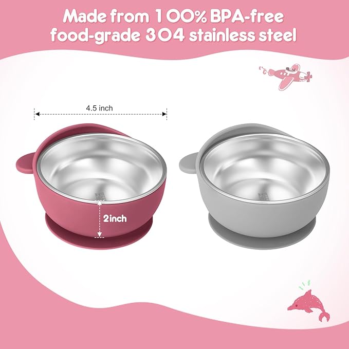 2 Pack Stainless Steel Baby Bowls with Suction, Toddler Bowls with Removable Silicone Shell for Kids, Non-Slip Toddler Baby Feeding Set Dishwasher Safe-Gray & Red