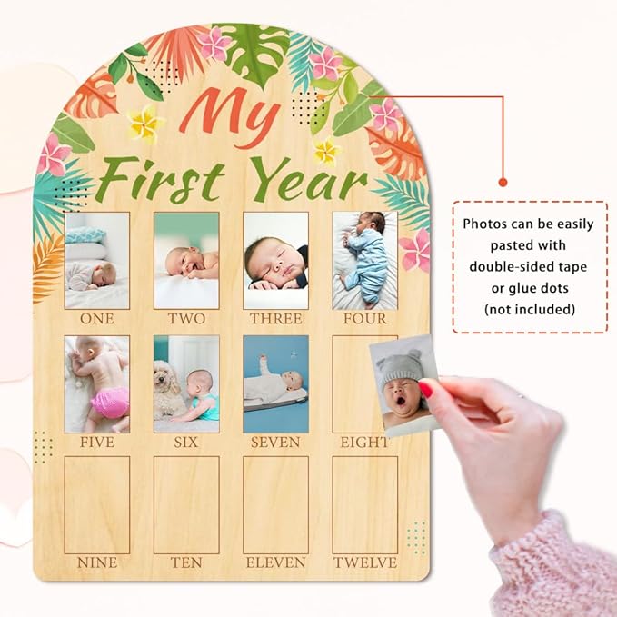 ORIGACH My First Year Baby Growth Photo Display Wood Board - 12 Months Newborn Milestones Photo Board - Neutral Baby Keepsake Board 1st Birthday Party Nursery Decor New Mom Gift - Tropical Leaves