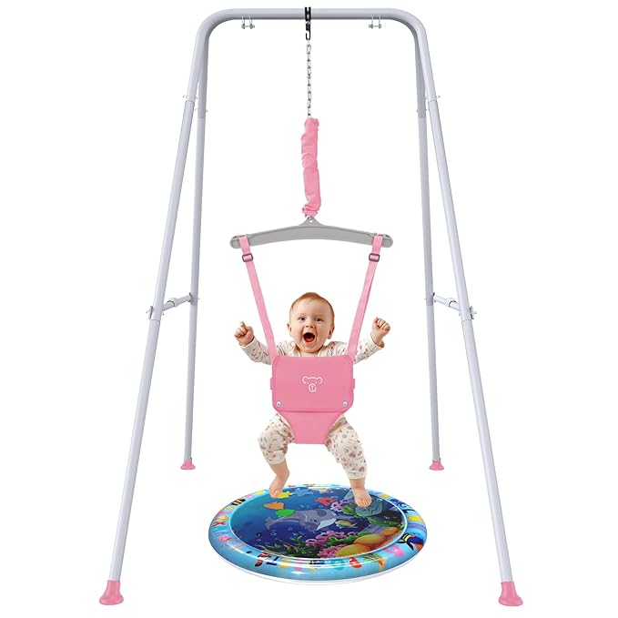 G TALECO Gear Baby Jumper with Stand,Baby Bouncer,Easy Set-Up,Baby Exerciser for Active Babies,Suitable for Indoor and Outdoor, Pink (Water Mat Include)