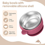 4 Pack Stainless Steel Baby Bowls with Suction, Toddler Bowls with Removable Silicone Shell for Kids, Non-Slip Toddler Baby Feeding Set Dishwasher Safe-blue/Gray/Red/Cream