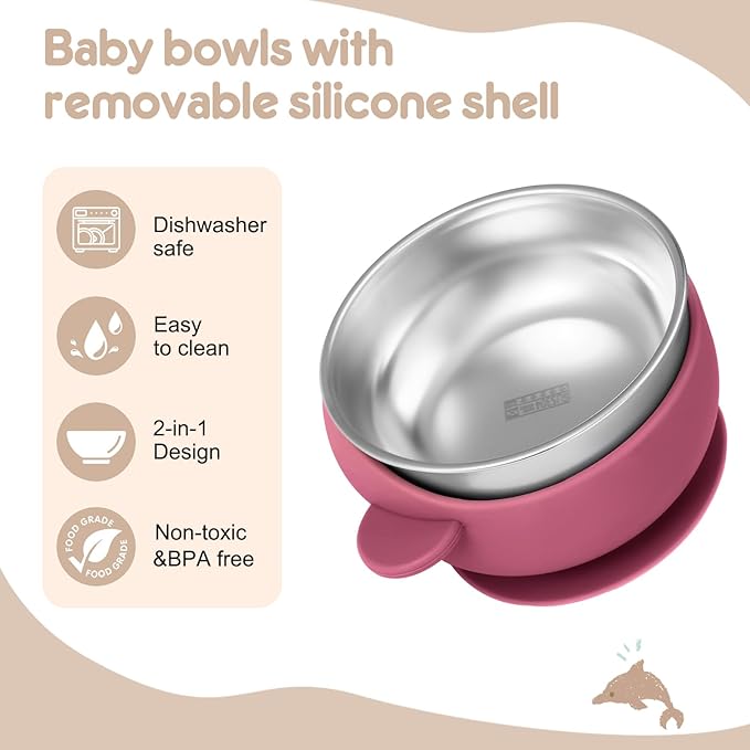 4 Pack Stainless Steel Baby Bowls with Suction, Toddler Bowls with Removable Silicone Shell for Kids, Non-Slip Toddler Baby Feeding Set Dishwasher Safe-blue/Gray/Red/Cream