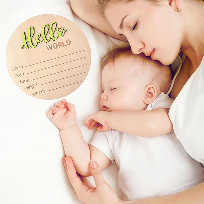 Baby Announcement Sign, 5.9 Inch Wooden Hello World Newborn Signs, Birth Announcement Sign, Baby Shower Hospital Nursery for Newborn Boys and Girls (Wilderness Green)