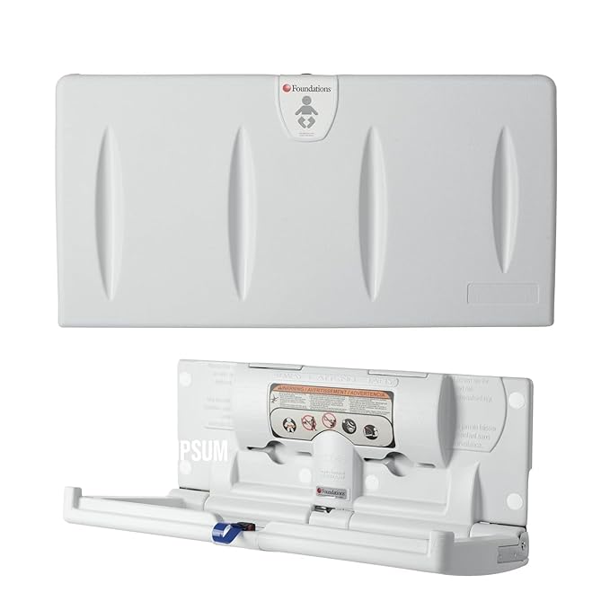 Foundations Classic Horizontal Wall-Mounted Baby Changing Station for Commercial Restrooms, Includes One Handed Adjustable Safety Strap & Liner Dispenser, Gray (100-EH)