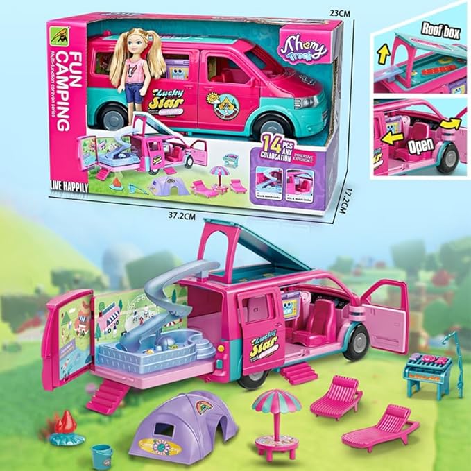 Doll Camper Van Playset for Girls,Portable Pretend Doll Car Set for Kid,Colorful Camper Vehicle RV Van with Furniture, Pool & Accessories,Outdoor Transformable Vehicles, Toddler Toys 3+