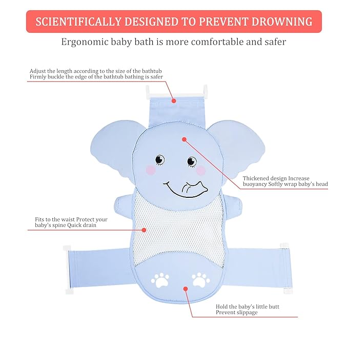AIR&TREE Baby Bath Seat Support Net, Quick Drying, Adjustable, Comfortable, Non-Slip, Infant Bathtub Sling Shower Mesh for a Tub, with Safety Support Corners (Blue)