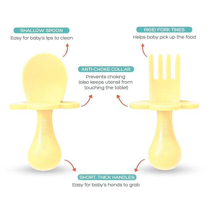Grabease Baby Feeding Utensils Set - Infant and Baby Fork and Spoon for Ages 1-11 Months, BPAs and Phthalate-Free Cutlery, Plastic, 1 Set, Yellow