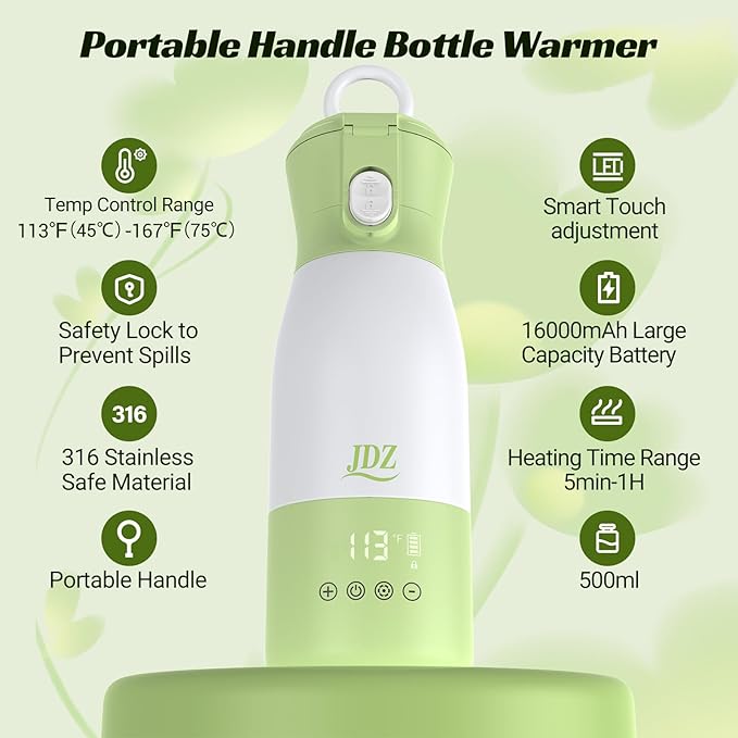 JDZ Portable Bottle Warmer, 17oz Capacity Baby Bottle Warmer with Timer & Temperature Control, 16000mAh Battery Fast Heating Milk Warmer for Breast Milk Water and Formula