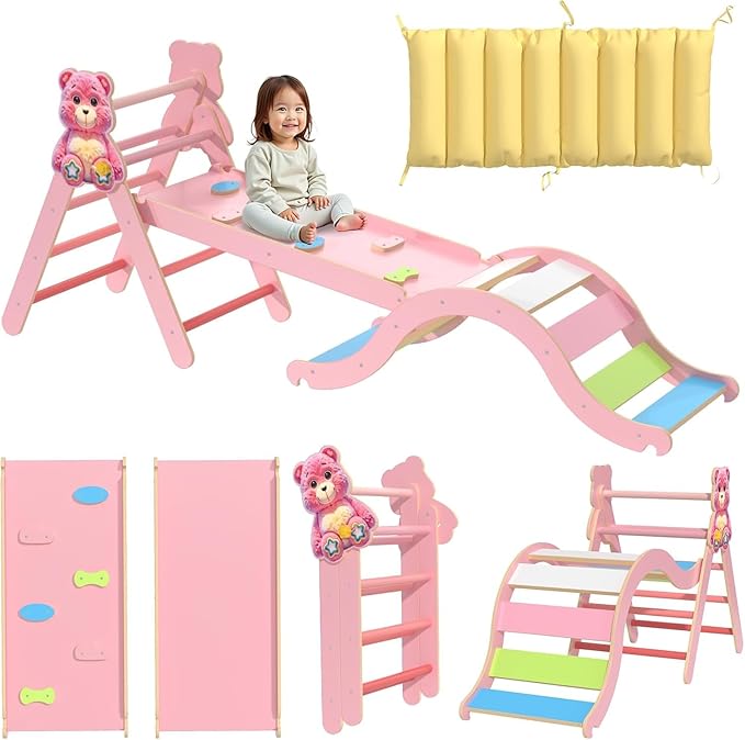 Pikler Triangle Set with Cushion 9 in 1, Climbing Toys for Toddlers 1-3, Montessori Indoor Baby Playground for Safe Motor Skills Development, Large Foldable Wooden Climbing Toys Set for Playroom