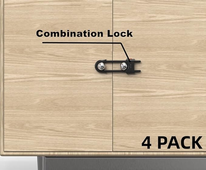 4 Pack Child Proof Sliding Cabinet Door Code Locks Baby Safety Cupboard Locks Adjustable U Shaped Cabinet Latches for Knob Handle Drawers Closet Palstic (4PCS, Black)