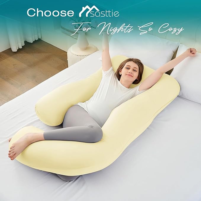 Sasttie Pregnancy Pillows for Sleeping, Jumbo U Shaped Cooling Full Body Pillow with Removable Cover, Pregnant Women Must Haves, Maternity Essential, Light Yellow
