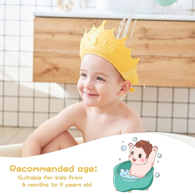 Baby Shower Cap Shield, Shower Cap for Kids, Visor Hat for Eye and Ear Protection for 0-9 Years Old Children, Cute Crown Shape Makes the Baby Bath More Fun(Yellow)