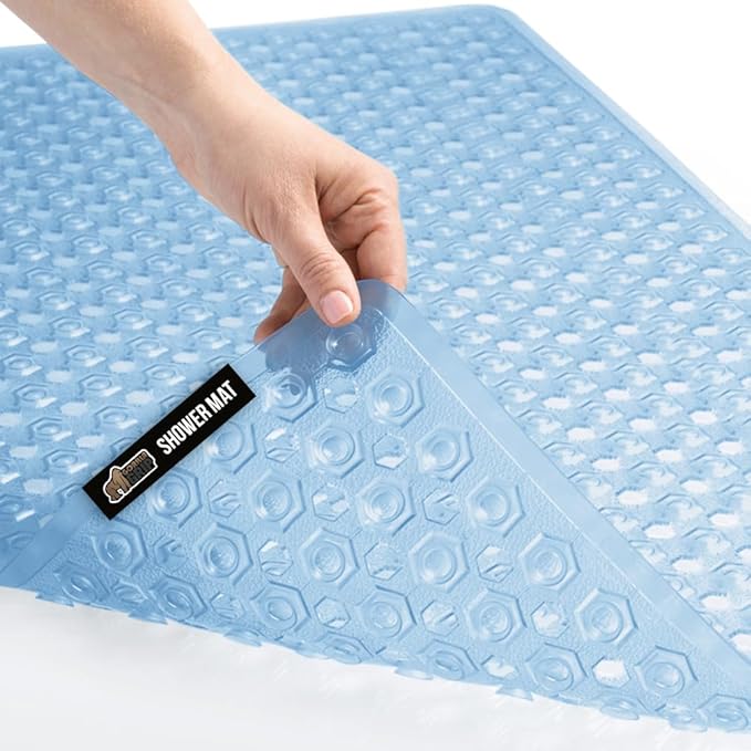 GORILLA GRIP Patented Bath Tub Shower Mat, Machine Washable Bathtub Floor Liner Mats, Suction Cups and Drain Holes to Keep Tubs Clean, Soft on Feet, Bathroom Essentials, 35x16 Inch, Clear Blue