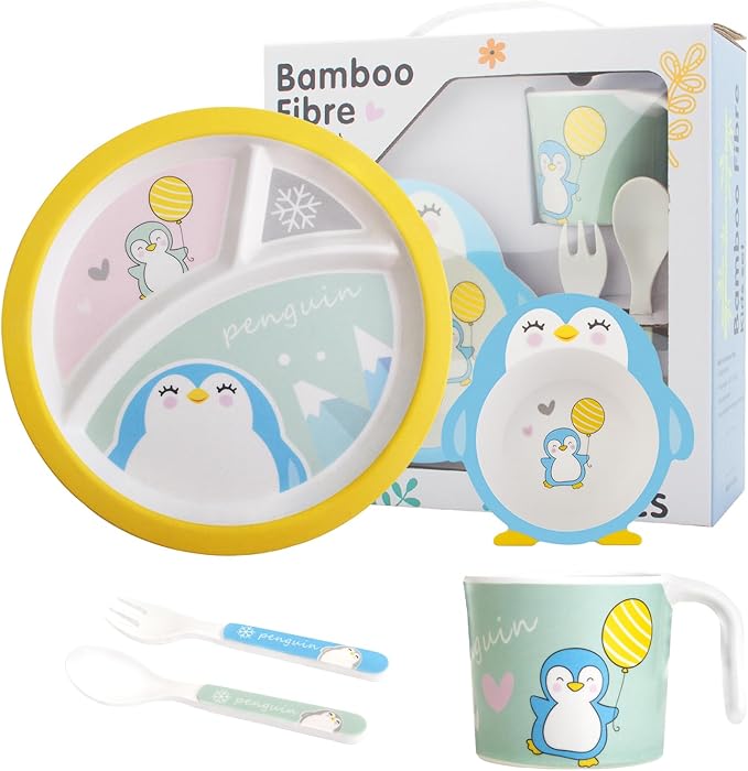 Kids Feeding Set 5 Pcs, Tableware Set for Toddlers Includes Plate Bowl Cup Fork and Spoon Utensil Flatware, Kids Flatware Set Dishwasher Safe, BPA Free (Penguin)