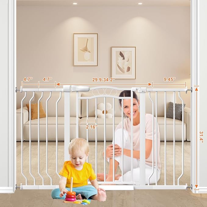 Extra Wide Baby Gate for Doorways No Drill 29.53"-53.1", 30" Tall Auto Close Press Mounted Baby Safe Gate for Stairs, Walk Through Dog Gates for Doorways, White