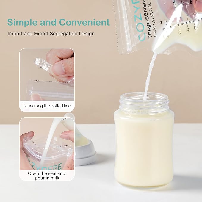 100 Pcs Breastmilk Storage Bags, 8Oz Breast Milk Storing Bag with Pour Spout, Temperature-Sensing Color Change Milk Bag for Convenient Breastfeeding, No Leak Presterilized for Freezer